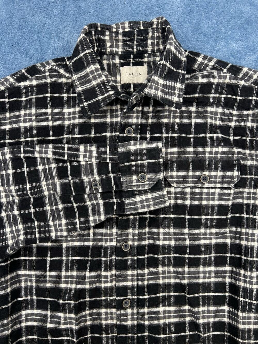 Jachs Flannel Shirt Mens L Black White Plaid Heritage Heavy Cotton Pockets